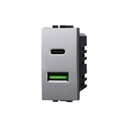 Presa Caricatore Doppia Usb 2 In 1 Type A + Type C 5vdc 3.1a Bticino Compatibile Grigio